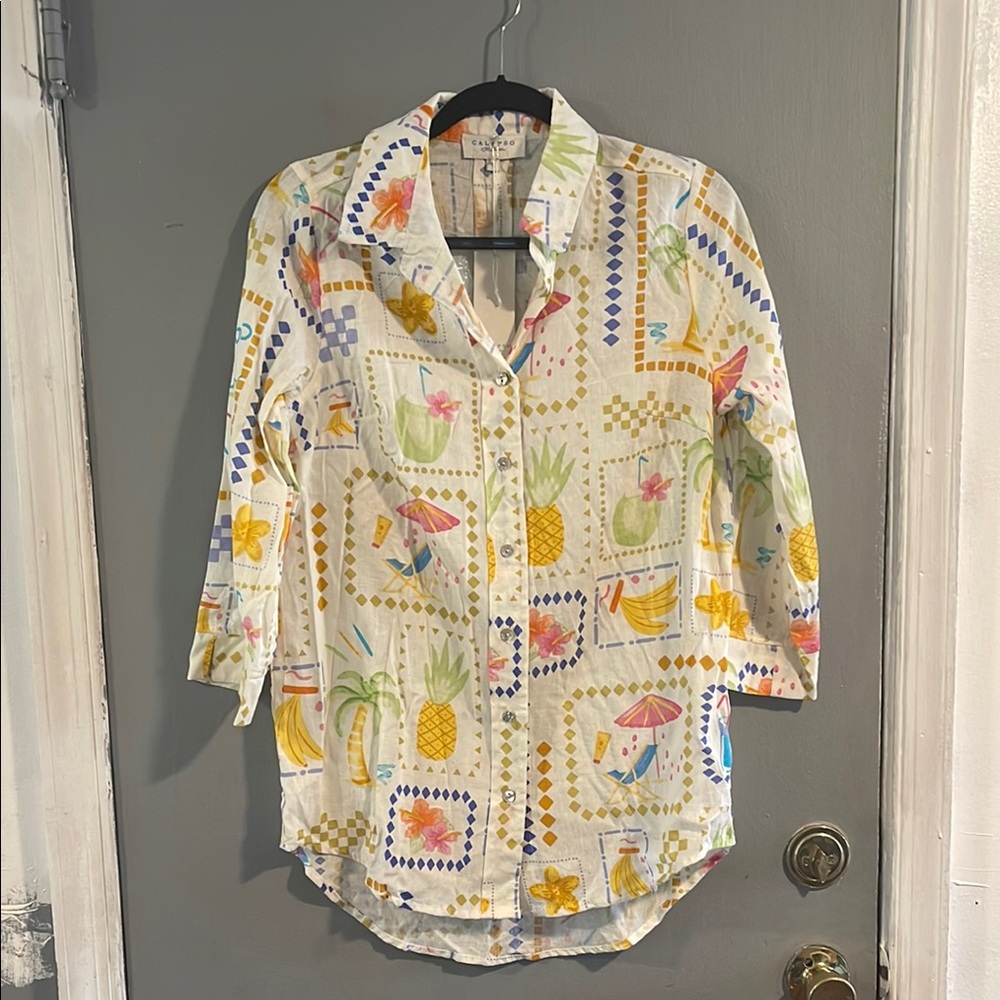 NWT Calypso St. Barth ivory colorful tropicaNl print line blend blouse top Small